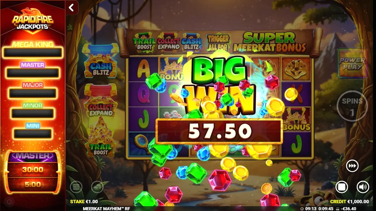 ภาพบรรยากาศเกมสล็อต Meerkat Mayhem ที่มีฉากหลังเป็นทะเลทรายและซากปรักหักพังโบราณ
