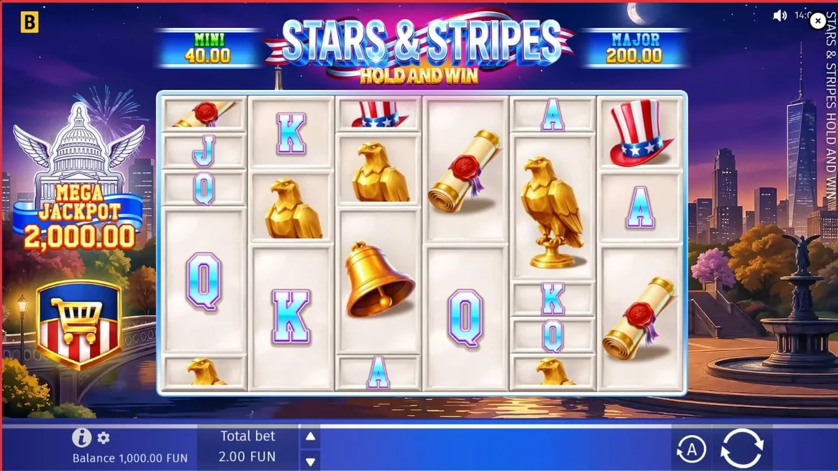 หน้าจอเกมสล็อต Stars & Stripes Hold and Win ที่เต็มไปด้วยสีสันของเทศกาล