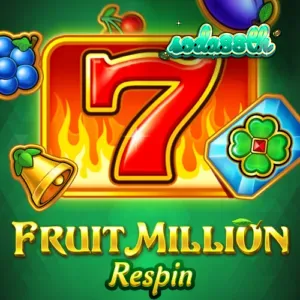 ภาพกราฟิกเกมสล็อต Fruit Million Respin พร้อมสัญลักษณ์ผลไม้และฟีเจอร์ Wild
